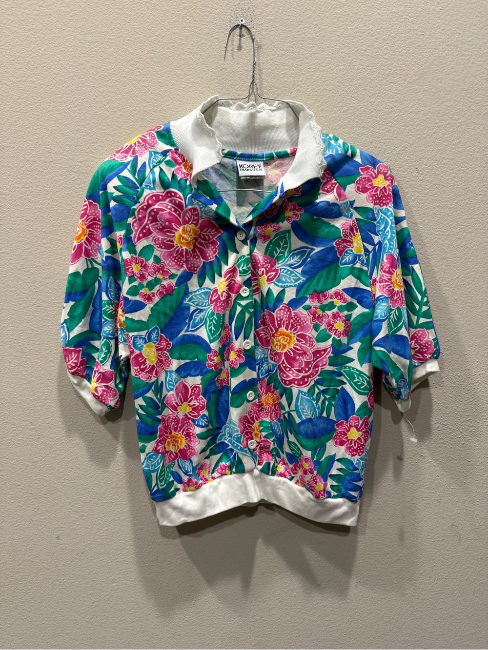 Vintage Koret Francisca Embroidered Polo Top Floral Cottagecore Size M